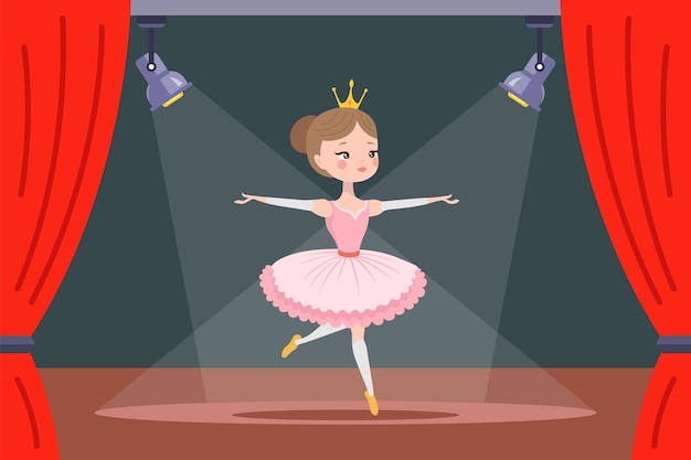 Vector bailarina en un vestido rosa en el escenario ilustración vectorial plana