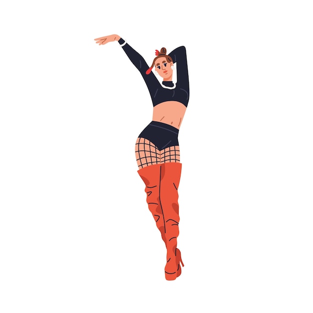 Vector bailarina de vogue joven mujer sexy chica moderna bailando movimiento de brazo y muñeca artista femenina descarada en ropa erótica de moda ilustración vectorial gráfica plana aislada sobre fondo blanco