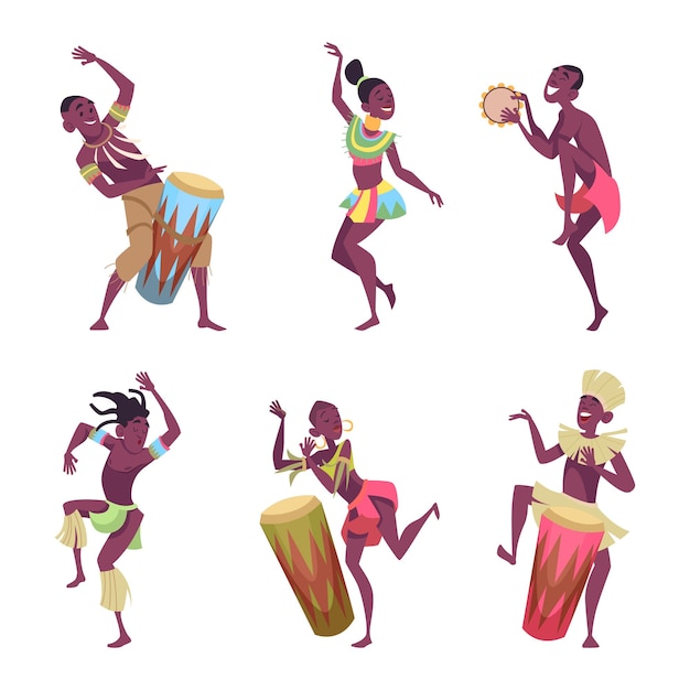 Bailarines africanos Auténticos personajes tribales masculinos y femeninos en acción posan personas vectoriales exactas