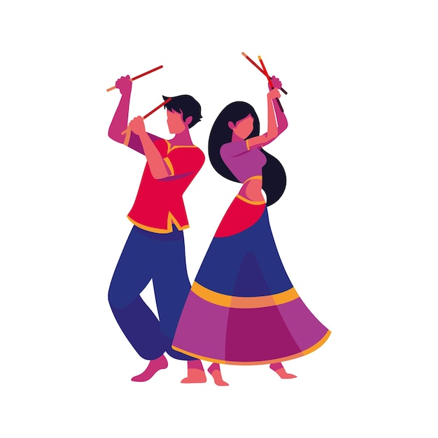 Vector bailarines navratri disfrazados icono aislado