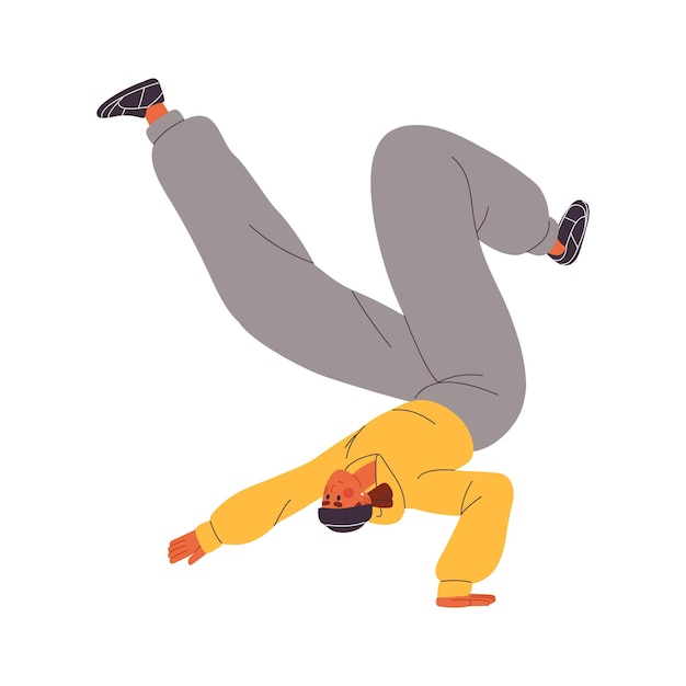 Bailarines realizan breakdancing Baile de hombre joven en estilo contemporáneo Artista moderno con sombrero de sombrero en postura hiphop Handstand Freestyle actuación callejera Ilustración vectorial aislada plana en blanco