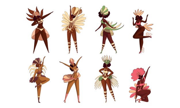Bailarines de samba brasileños aislados en un conjunto vectorial de fondo blanco