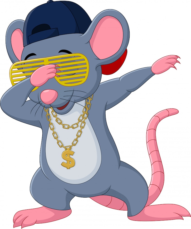 Vector baile de dabbing de ratón de dibujos animados usa gafas de sol, sombrero y collar de oro