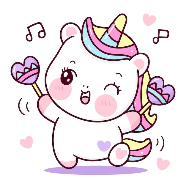 Vector baile de dibujos animados lindo unicornio en el piso con animalito kawaii de corazón