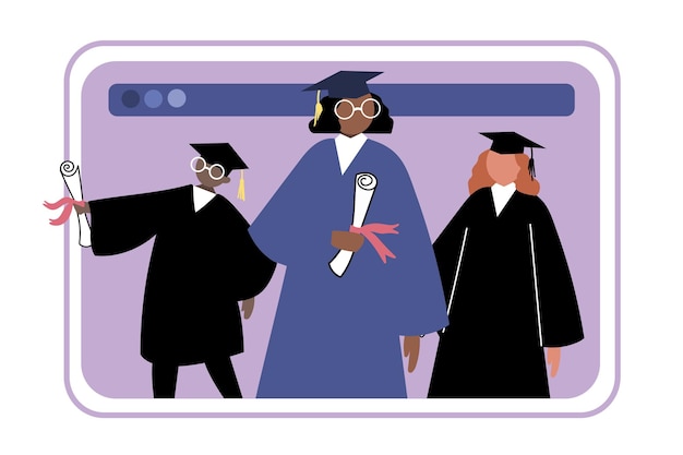 Baile en línea. Estudiantes felices en una bata de baño y un sombrero con borla, sosteniendo un diploma en sus manos. Ilustración vectorial colorida dibujada a mano. Todos los elementos están aislados. Graduados de universidad.