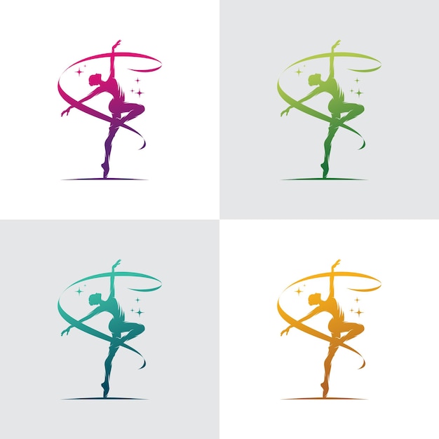 Vector baile de mujer joven gimnasta con logo de cinta