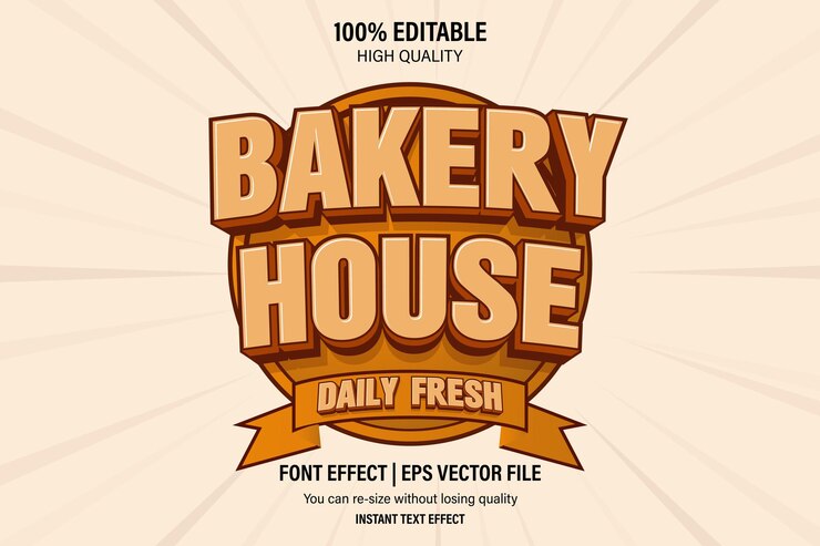Vector bakery house logo 3d tradicional plantilla de dibujos animados estilo premium vector, efecto de texto editable