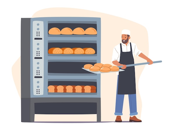 Bakery Industry Bakery Factory y el concepto de producción de pan Baker puso panes crudos en el horno para hornear en la fabricación