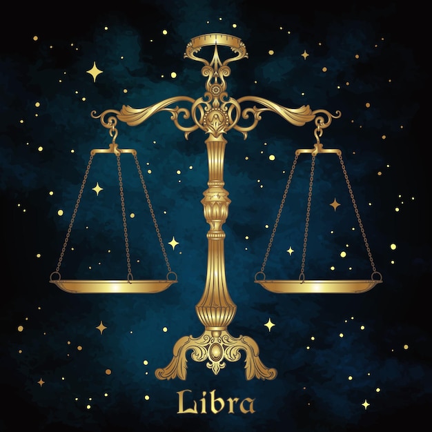 Balanzas adornadas antiguas sobre el cielo azul de la noche con estrellas doradas Signo del zodiaco Libra diseño dibujado a mano ilustración vectorial