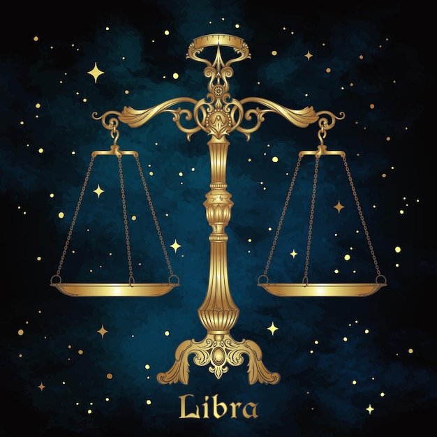 Vector balanzas adornadas antiguas sobre el cielo azul de la noche con estrellas doradas signo del zodiaco libra diseño dibujado a mano ilustración vectorial