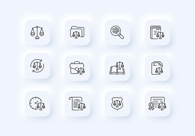 Balanzas establecer icono Carpeta peso peso búsqueda análisis de huellas dactilares libro balance deliberado ponderar restablecer tiempo venta galope protección Neomorfismo estilo Vector línea icono para negocios