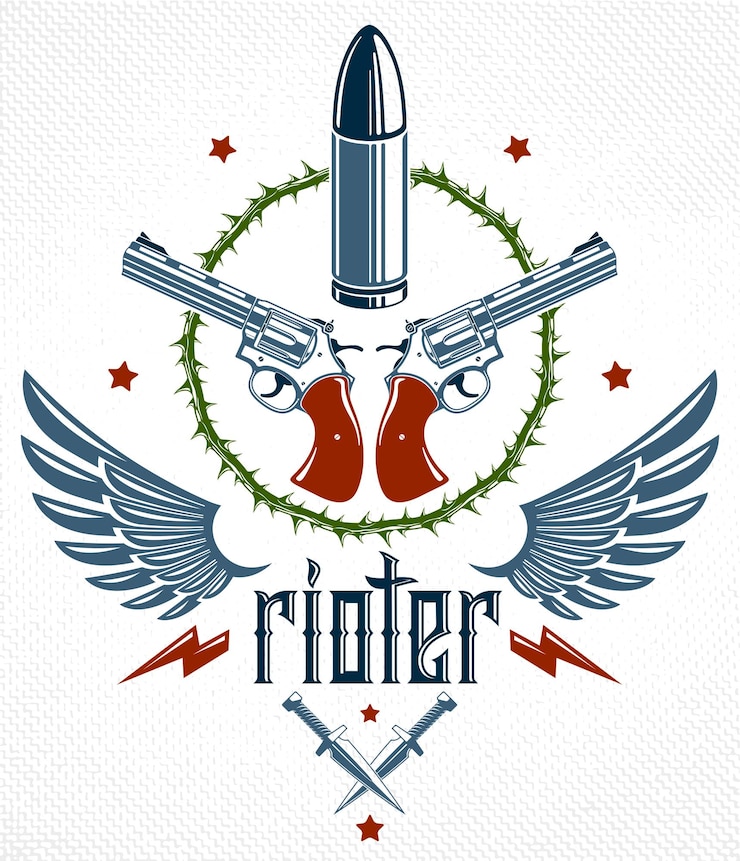 Vector balas y pistolas vector emblema de revolución y guerra, logotipo o tatuaje con muchos elementos de diseño diferentes, concepto de anarquía y caos, estilo criminal y gángster, tema de tensión social.