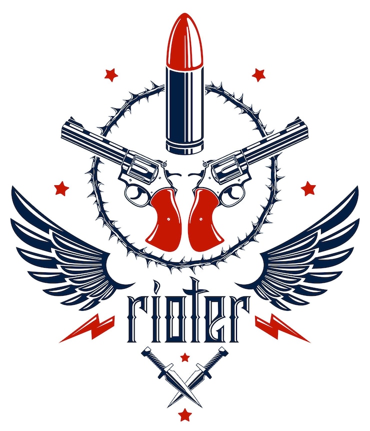 Vector balas y pistolas vector emblema de revolución y guerra, logotipo o tatuaje con muchos elementos de diseño diferentes, concepto de anarquía y caos, estilo criminal y gángster, tema de tensión social.
