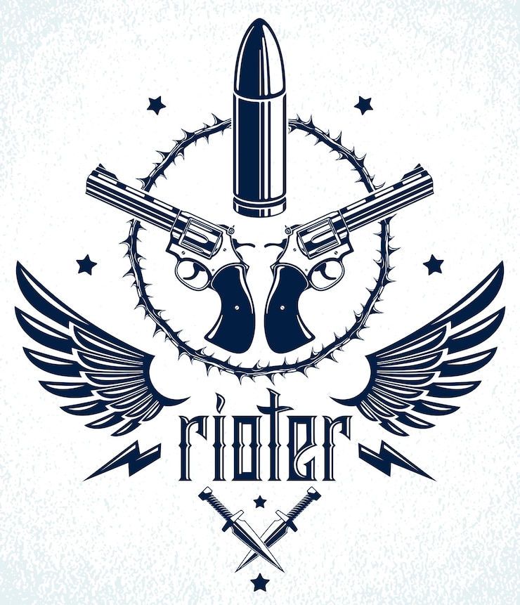 Vector balas y pistolas vector emblema de revolución y guerra, logotipo o tatuaje con muchos elementos de diseño diferentes, concepto de anarquía y caos, estilo criminal y gángster, tema de tensión social.