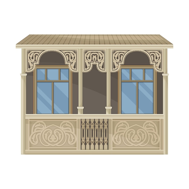 Balcón o terraza georgiana con fachada de encaje como ilustración vectorial de atributos del país de Georgia