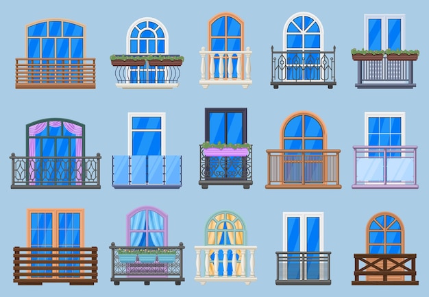 Balcones de la fachada de la casa. Balcón, vallado de terraza, conjunto de ilustración de balcones de fachada de arquitectura de casa