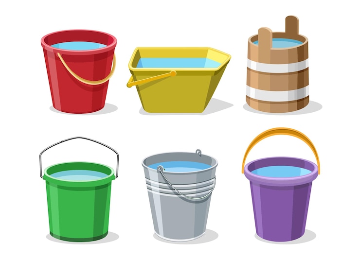 Vector balde con agua conjunto de balde aislado en fondo blanco conjunto vectorial de balde de jardín lleno de agua