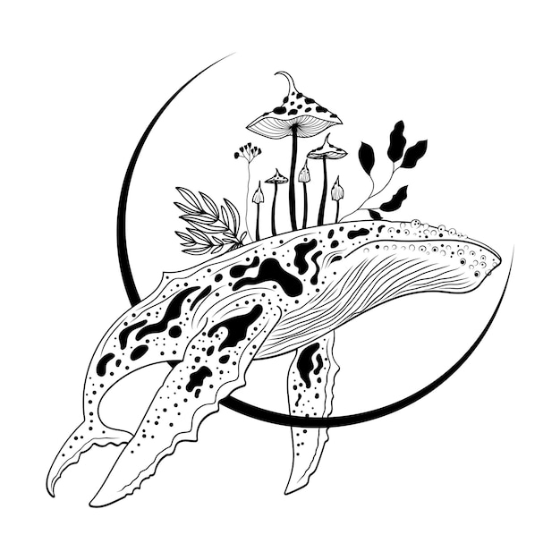 Balena mística Silueta de una ballena jorobada azul ballena asesina estilo de tatuaje Vector