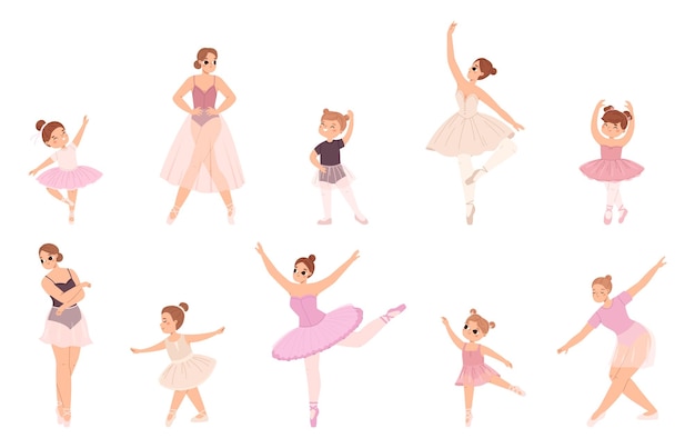 Balerinas niñas lindas bailarinas con vestido y faldas tutu niña bailando danza clásica artistas de teatro clásicos personajes vectoriales cómodos