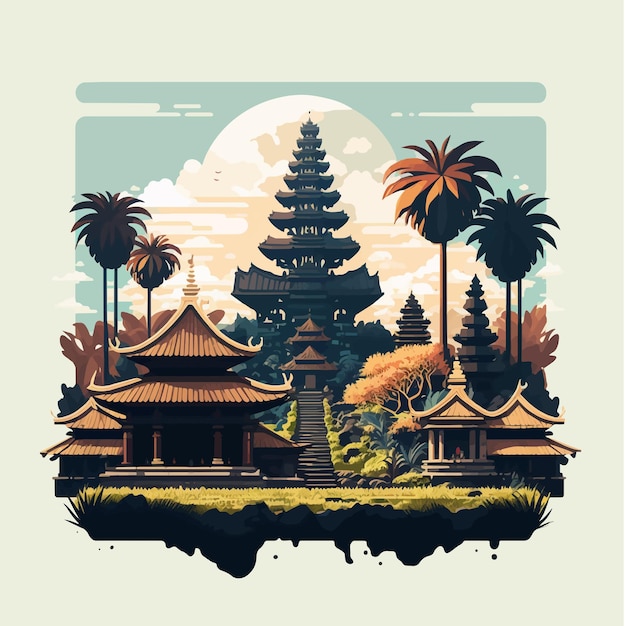 Bali Templo Hindú Nyepi Día Silencioso Indonesia Isla Vector Ilustración Plana