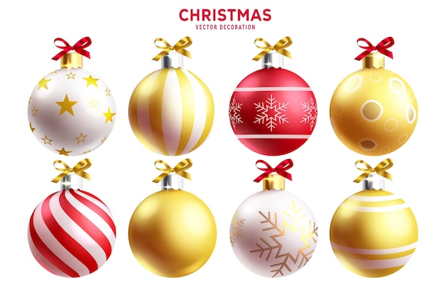 Ballas de Navidad diseño de conjunto vectorial bola de Navidad con elegantes estrellas y copos de nieve patrón en oro