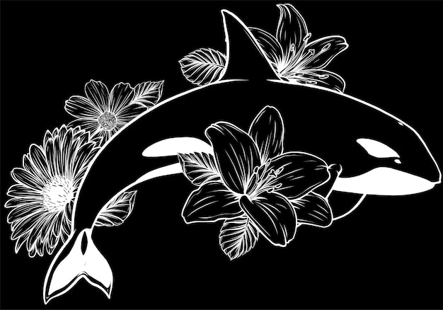 Ballena asesina con vector de flores