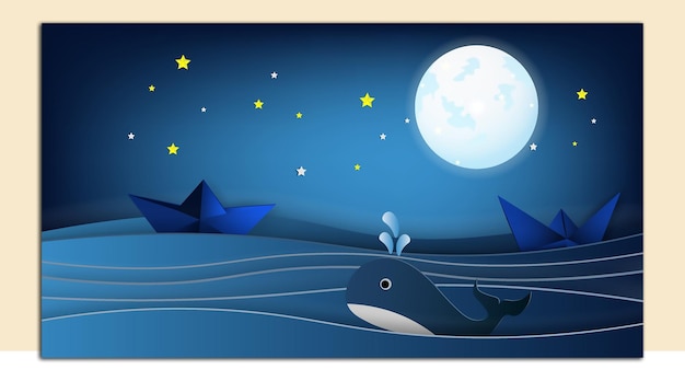 Vector una ballena y una ballena están flotando en el cielo nocturno