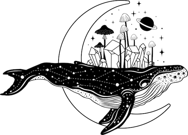 Ballena Ballena silueta Ballena mística Ilustración vectorial