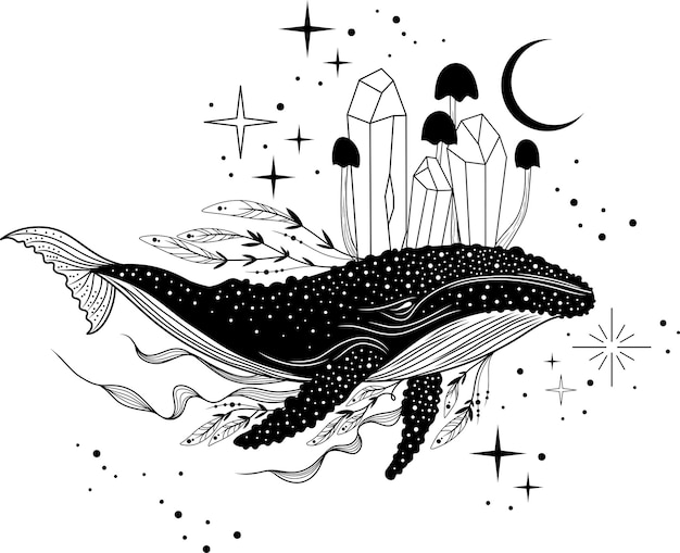 Ballena Ballena silueta Ballena mística Ilustración vectorial