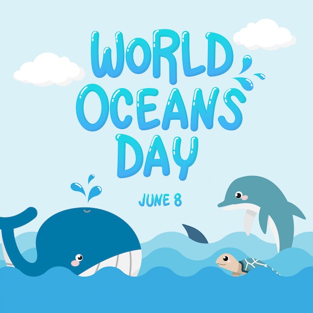 Vector ballena, delfín, tiburón y tortuga en el océano con el texto día mundial de los océanos.