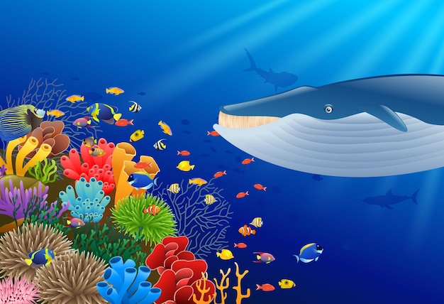Ballena de dibujos animados con arrecife de coral bajo el agua en ilustración de Ocean Vector