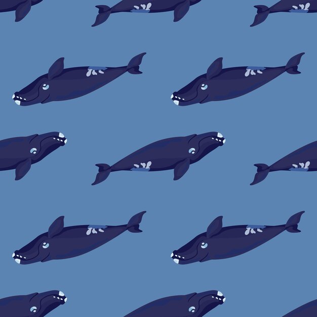 Ballena franca de patrones sin fisuras sobre fondo azul. Plantilla de personaje de dibujos animados del océano para tela.