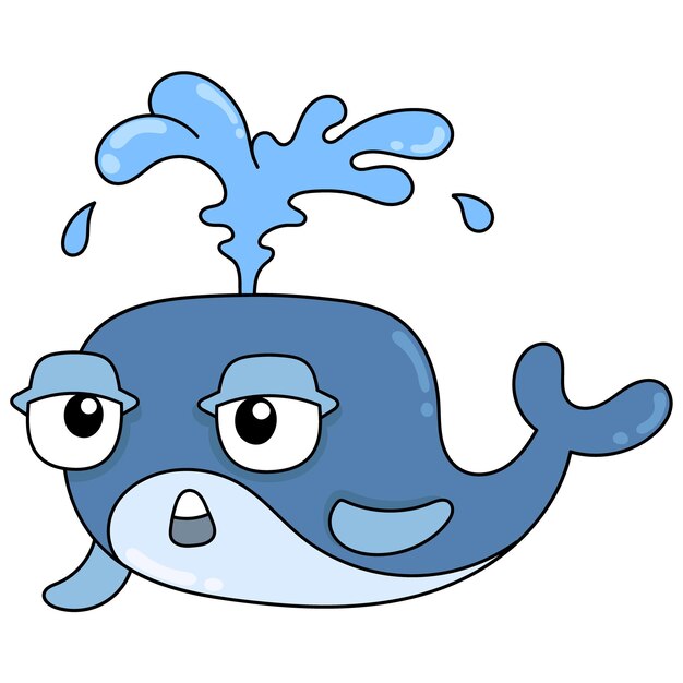 Ballena gigante cara inocente linda que rezuma agua de su espalda, arte de la ilustración del vector. imagen de icono de doodle kawaii.