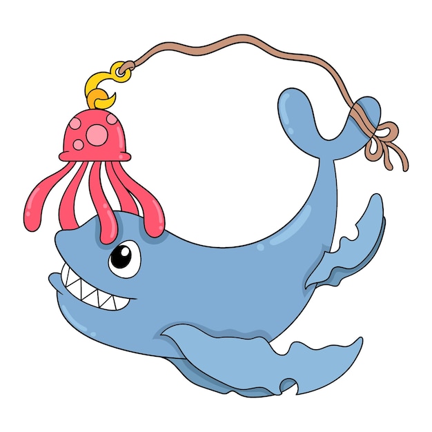 Ballena jugando con medusas en el mar doodle icono imagen kawaii