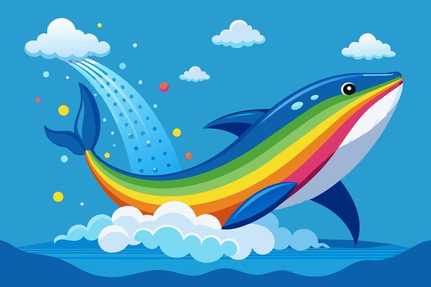 Vector una ballena rociando agua para crear un arco iris en el cielo