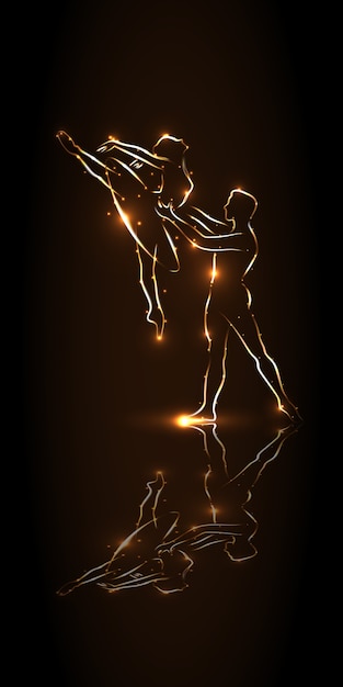 Ballet. La bailarina y el bailarín sostiene la cintura de su compañero durante un salto, realizan pas. Discurso en la escena con una imagen especular. Bailarines de silueta abstracta con contorno dorado sobre un fondo marrón.