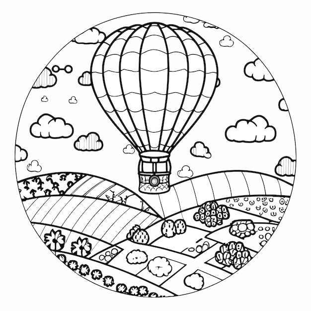 Balón de aire caliente flotando sobre un contorno vectorial de patchwork