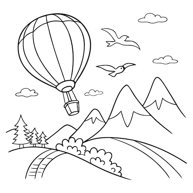 Balón de aire caliente volando sobre las montañas y los pájaros