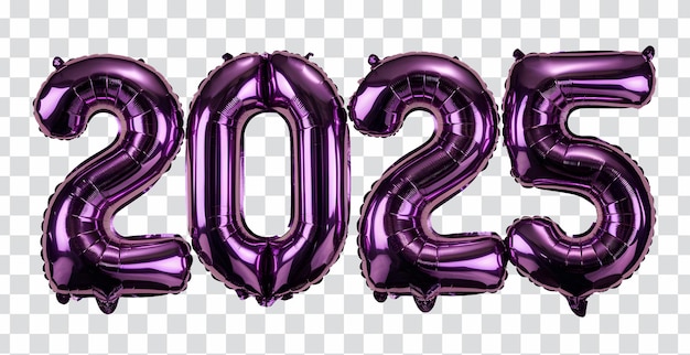 Balón de aluminio de 2025 sobre un fondo transparente Balón metálico brillante púrpura 3D de 2025