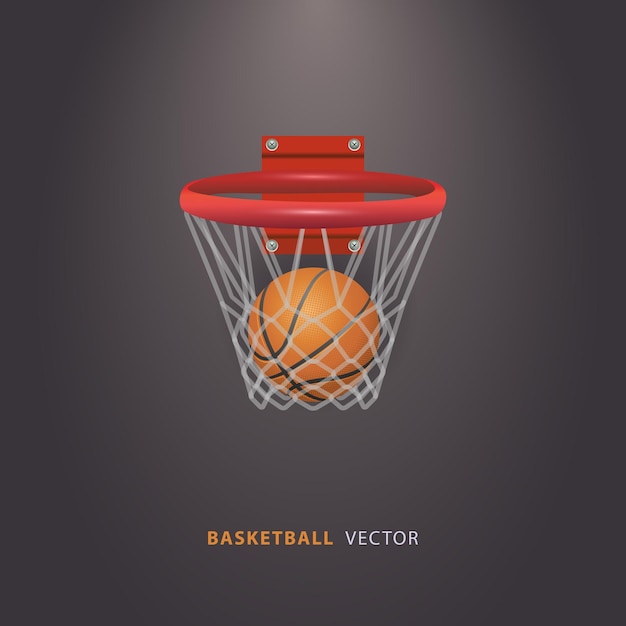 Vector balón de baloncesto y aro de baloncesto con red aislado sobre fondo negro vector eps10