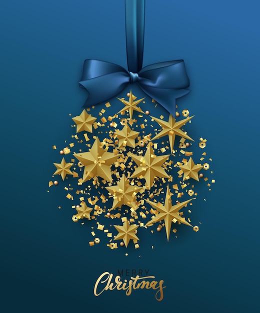Balón dorado de Navidad hecho de estrellas doradas. Tarjeta de felicitación de Navidad. Fondo de Navidad