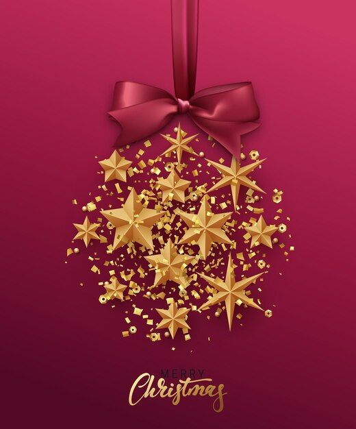 Balón dorado de Navidad hecho de estrellas doradas. Tarjeta de felicitación de Navidad. Fondo de Navidad