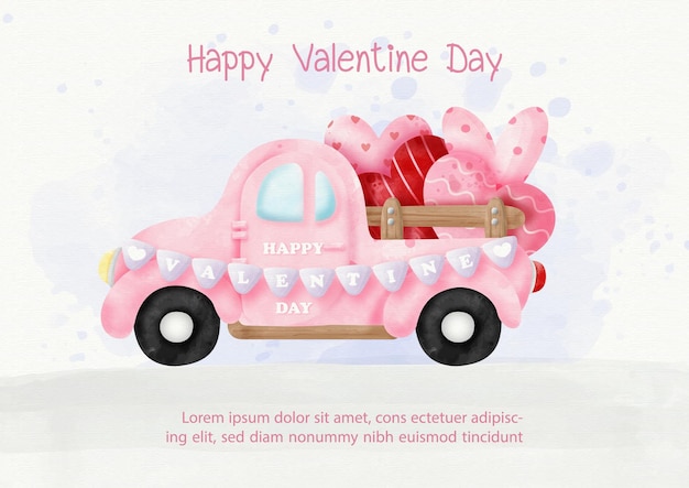 Balón de fiesta de entrega de camiones retro rosado en forma de corazón en estilo acuarela.