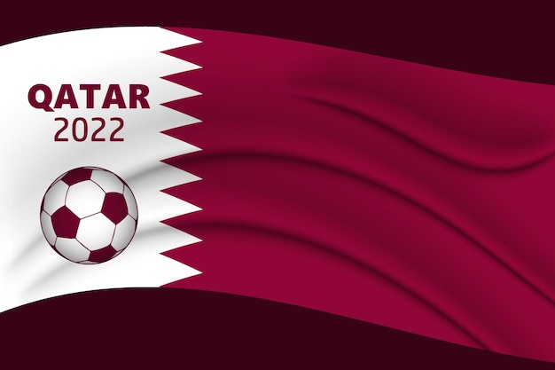 Balón de fútbol y bandera nacional de Qatar, Qatar 2022. Afiche, pancarta, vector