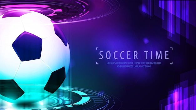 Balón de fútbol dentro de holograma digital azul y rosa en escena oscura Fondo de deporte púrpura digital con balón de fútbol