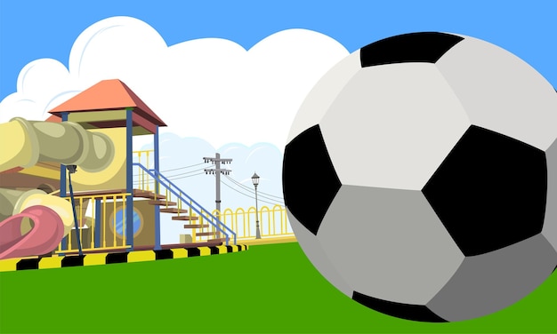 Vector balón de fútbol en la ilustración del paisaje del patio de recreo con diseño de poste de portería