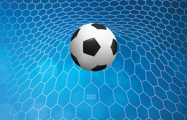 Balón de fútbol en portería. Balón de fútbol y red blanca con fondo azul. Ilustración vectorial.