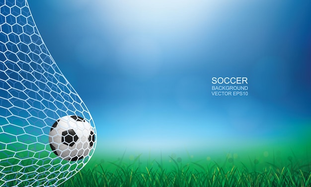 Balón de fútbol en portería. Pelota de fútbol y red blanca con luz de fondo bokeh borrosa. Ilustración vectorial.