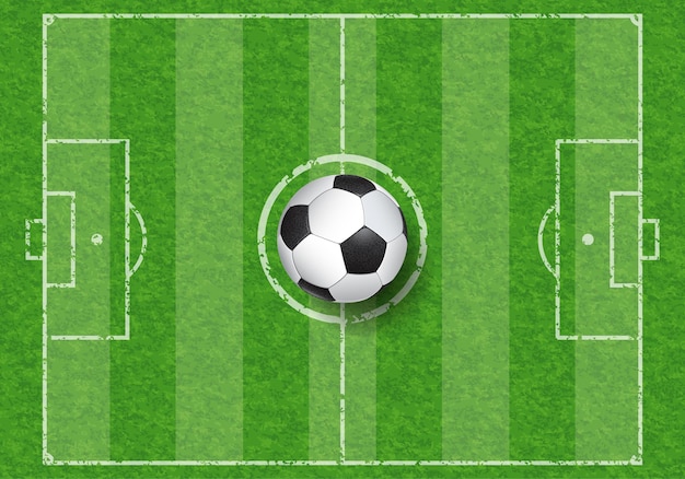 Balón de fútbol realista en el campo de fútbol con textura de hierba, vista superior, ilustración vectorial