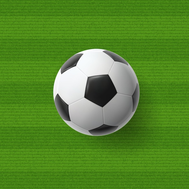 Balón de fútbol sobre fondo verde hierba a rayas. Cartel de fútbol abstracto de vector